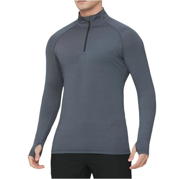 VSSSJ Mens Compression Shirt Slim Fit Quarter Zip Stand Collar Breathable Tops UV Protection Gym Workout T-Shirt with Thumb Hole Dark Gray XL