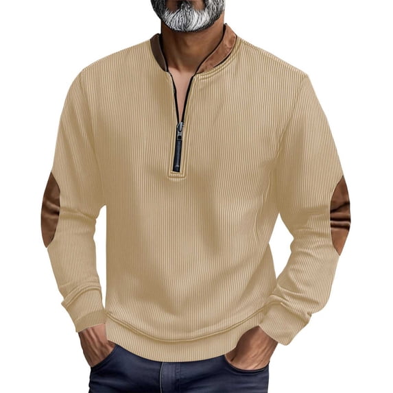 VSSSJ Mens Corduroy Sweatshirt Quarter Zip Casual Stand Collar Pullover Tops Lightweight Loose Vintage Long Sleeve Sweatshirts Khaki L