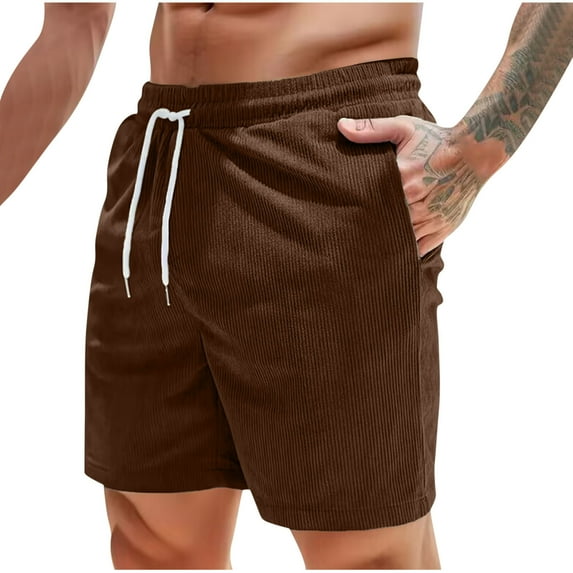 VSSSJ Mens Corduroy Workout Running Shorts Lightweight Drawstring Elastic Waist Gym Shorts Loose Breathable Athletic Shorts with Pockets Brown L