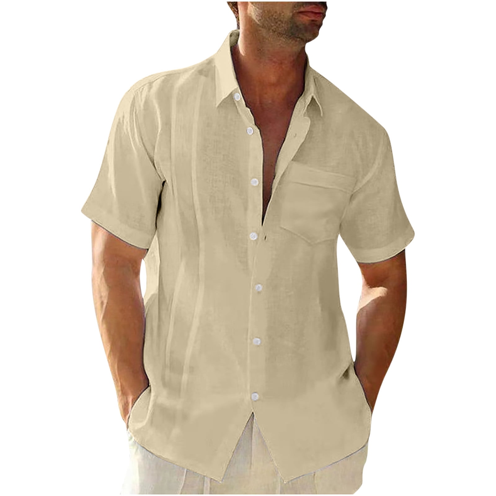 VSSSJ Mens Cotton and Linen Shirts Loose Fit Solid Color Button Down Short  Sleeve Collared Tee Shirts with Pocket Casual Summer Walking Shirt Blouse