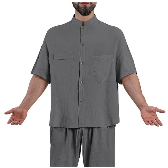 VSSSJ Mens Cotton Linen Shirts Short Sleeve Button Down Shirts Loose Comfy Stand Collar Summer Beach Shirts Vacation Hawaiian Shirts Dark Gray XXL