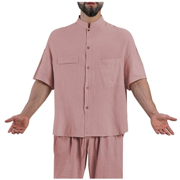 VSSSJ Mens Cotton Linen Shirts Short Sleeve Button Down Shirts Loose Comfy Stand Collar Summer Beach Shirts Vacation Hawaiian Shirts Red L