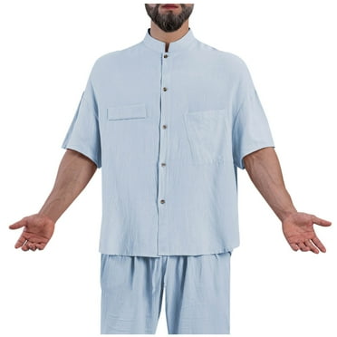 VSSSJ Mens Cotton Linen Shirts Short Sleeve Button Down Shirts Loose Comfy Stand Collar Summer Beach Shirts Vacation Hawaiian Shirts Sky Blue S