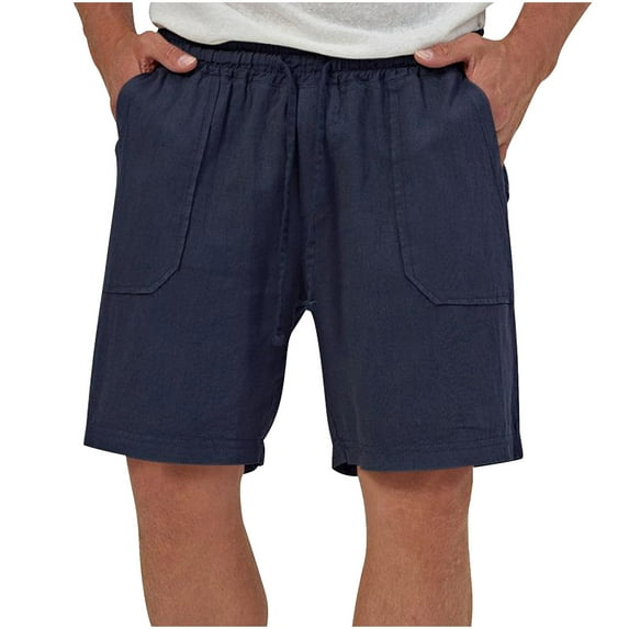 VSSSJ Mens Cotton Linen Shorts Loose Summer Beach Lounge Shorts Lightweight Elastic Waist Drawstring Workout Yoga Shorts with Pockets Navy XXL