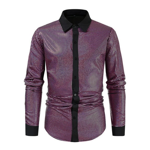 VSSSJ Mens Disco Shirt Long Sleeve Glitter Party Club Shirt Tops Shiny Button Down Lapel Collar Slim Fit Stage Show Nightlife Shirts Purple XL