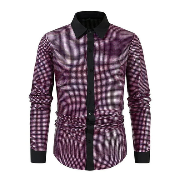 VSSSJ Mens Disco Shirt Long Sleeve Glitter Party Club Shirt Tops Shiny Button Down Lapel Collar Slim Fit Stage Show Nightlife Shirts Purple XL