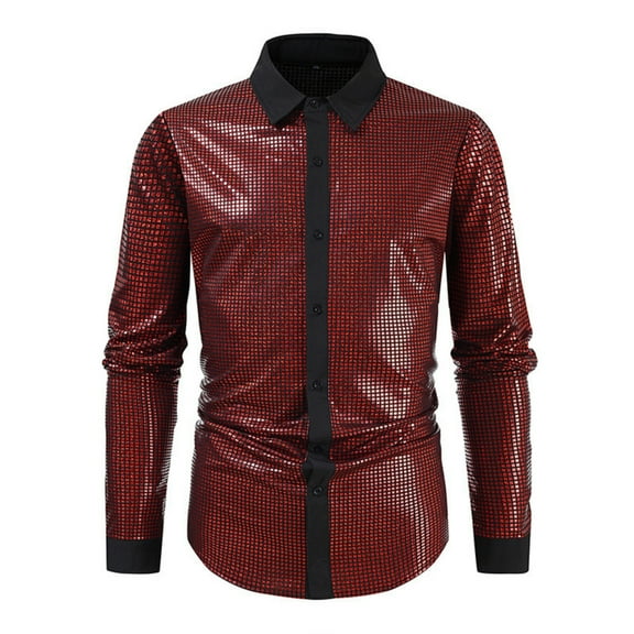 VSSSJ Mens Disco Shirt Long Sleeve Glitter Party Club Shirt Tops Shiny Button Down Lapel Collar Slim Fit Stage Show Nightlife Shirts Red M