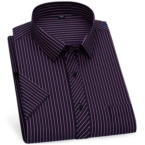 VSSSJ Mens Dress Shirts Wrinkle-Resistant Short Sleeve Striped Button Down Shirt Regular Fit Collared Pocket Business Office Shirts Wine 42