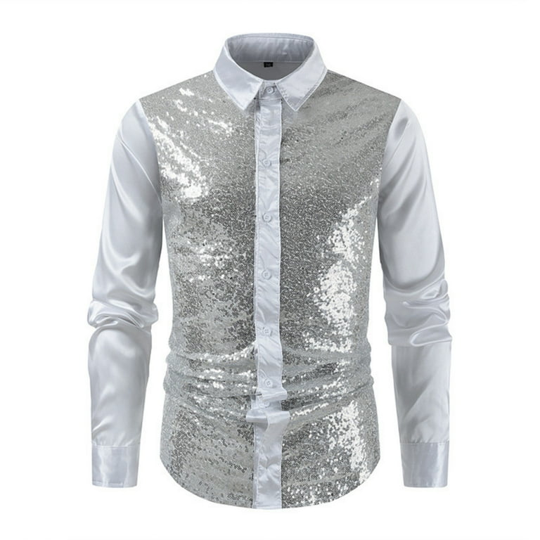 Vsssj Mens Glitter Shirt Long Sleeve Slim Fit Button Down Shiny Disco Club Shirts Stylish Sparkle Sequins Performance Party Shirt Tops White XXL