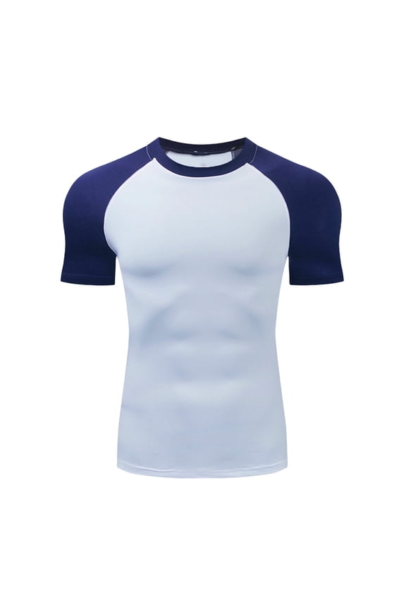 Mens Gym Muscle Shirt Short Sleeve Slim Fit Sweat Workout Tops Color Block Raglan Crew Neck Stretchy Athletic T-Shirts for Men Blue XL