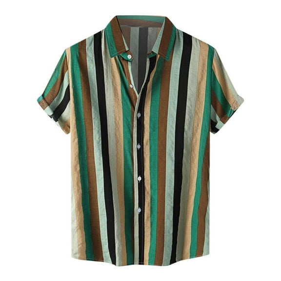 VSSSJ Mens Hawaiian T-Shirts Plus Size Retro Striped Casual Button Down Short Sleeve Collared Tee Top Summer Holiday Beach Shirt Blouse Black L