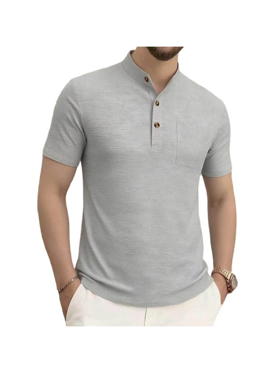 Mens Henley Shirt Short Sleeve Casual 3-Button Summer Shirts Loose Fit Band Collar Beach Vacation Shirt Tops with Pocket Gray S