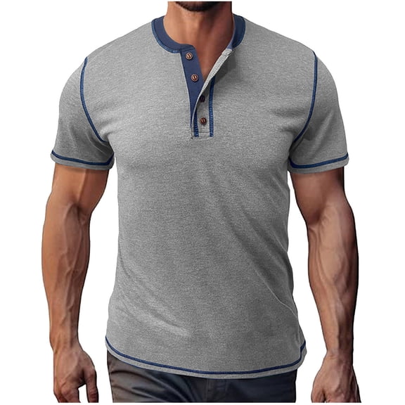 VSSSJ Mens Henley Shirts Button Up Short Sleeve Vintage Casual Shirt Classic Crew Neck Summer Lightweight Muscle T-Shirts Gray S