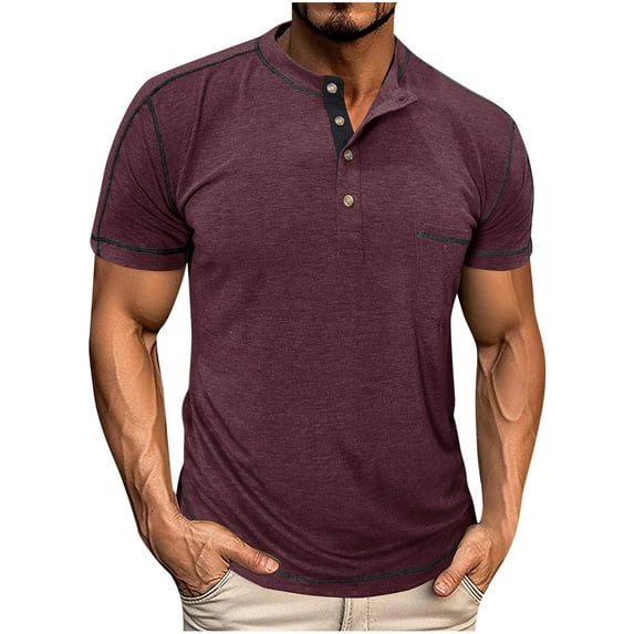 VSSSJ Mens Henley Shirts Casual Button Up Short Sleeve Tee Shirts Basic Solid Classic Summer Lightweight T Shirts with Pocket Wine L