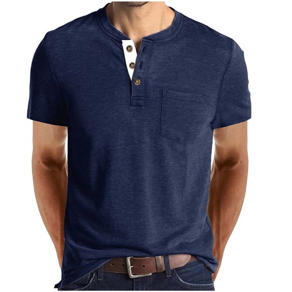 VSSSJ Mens Henley Shirts Short Sleeve Button Casual T Shirt Crew Neck Loose Workout Lightweight Classic Basic Tee Shirts with Pocket Light Blue XL