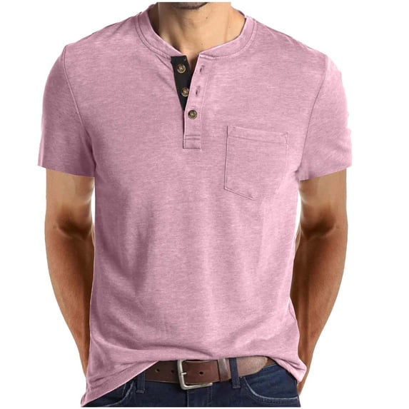VSSSJ Mens Henley Shirts Short Sleeve Button Casual T Shirt Crew Neck Loose Workout Lightweight Classic Basic Tee Shirts with Pocket Pink XXXL