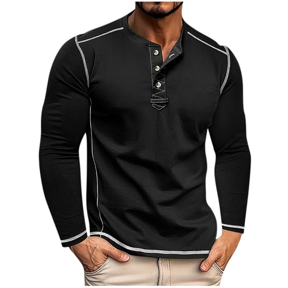 VSSSJ Mens Henley Shirts Vintage Solid Color Long Sleeve Round Neck Button Shirt Classic Retro Regular Fit Comfortable Lightweight Tops Black S
