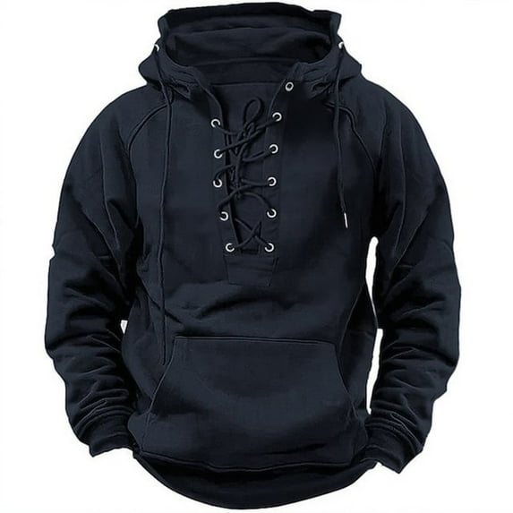 VSSSJ Mens Hoodie Sweatshirts Vintage Lace-Up Casual Hooded Pullover Long Sleeve Drawstring Loose Outdoor Cargo Hoodies with Pocket Black XXXL