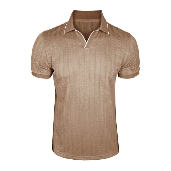 VSSSJ Mens Knit Golf Shirts Short Sleeve Ribbed Textured V Neck Collared Shirt Lightweight Casual Workout Business Summer T Shirt Khaki S