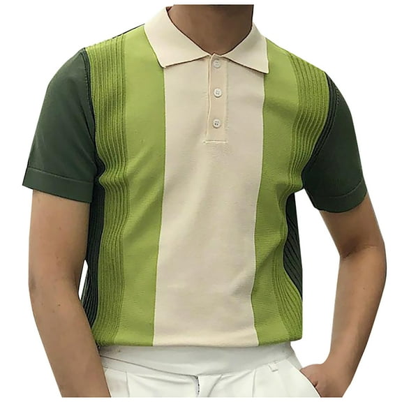VSSSJ Mens Knit Shirts Loose Fit Color Block Patchwork Button Collared Short Sleeve Tee Top Casual Cool Silky Comfortable Shirt Blouse Green M