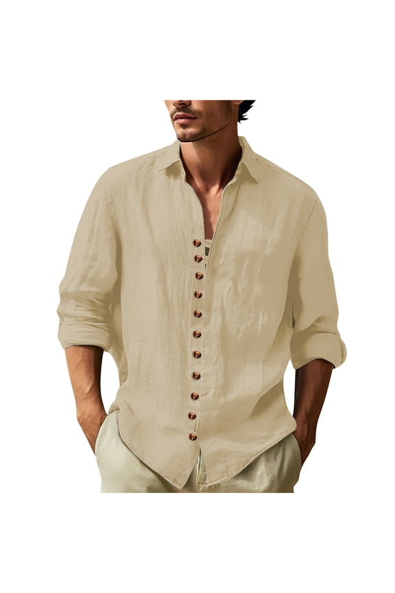 Mens Long Sleeve Cotton Linen Shirt Button Down Loose Fit Vintage Shirts Comfy Lapel Collar Vacation Beach Henley Shirt Tops Khaki XXL