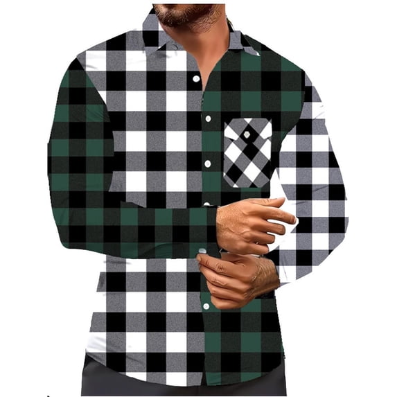 VSSSJ Mens Long Sleeve Plaid Shirt Casual Button Up Cotton Linen Shirt Top Loose Fit Comfortable Lightweight Lapel Stylish Tops Green S