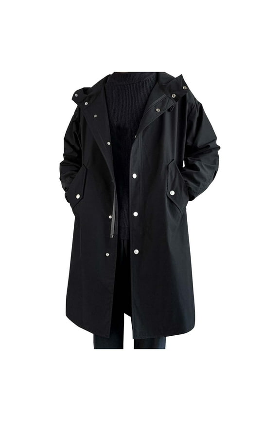 Mens Long Sleeve Windbreaker Jacket Button Down Loose Windproof Hooded Jacket Casual Outwear Fall Winter Cardigan Outdoor Coat Black XXXL