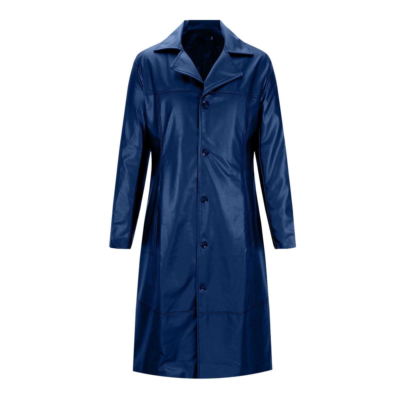 VSSSJ Mens Long Trench Coat Long PU Leather Jacket Faux Leather Long Sleeve Single Breasted Lapel Collar Fashion Mid Long Pu Jacket Outerwear Dark Blue XXXXL