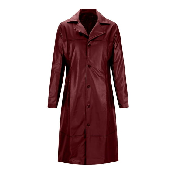 VSSSJ Mens Long Trench Coat Long PU Leather Jacket Faux Leather Long Sleeve Single Breasted Lapel Collar Fashion Mid Long Pu Jacket Outerwear Red XL
