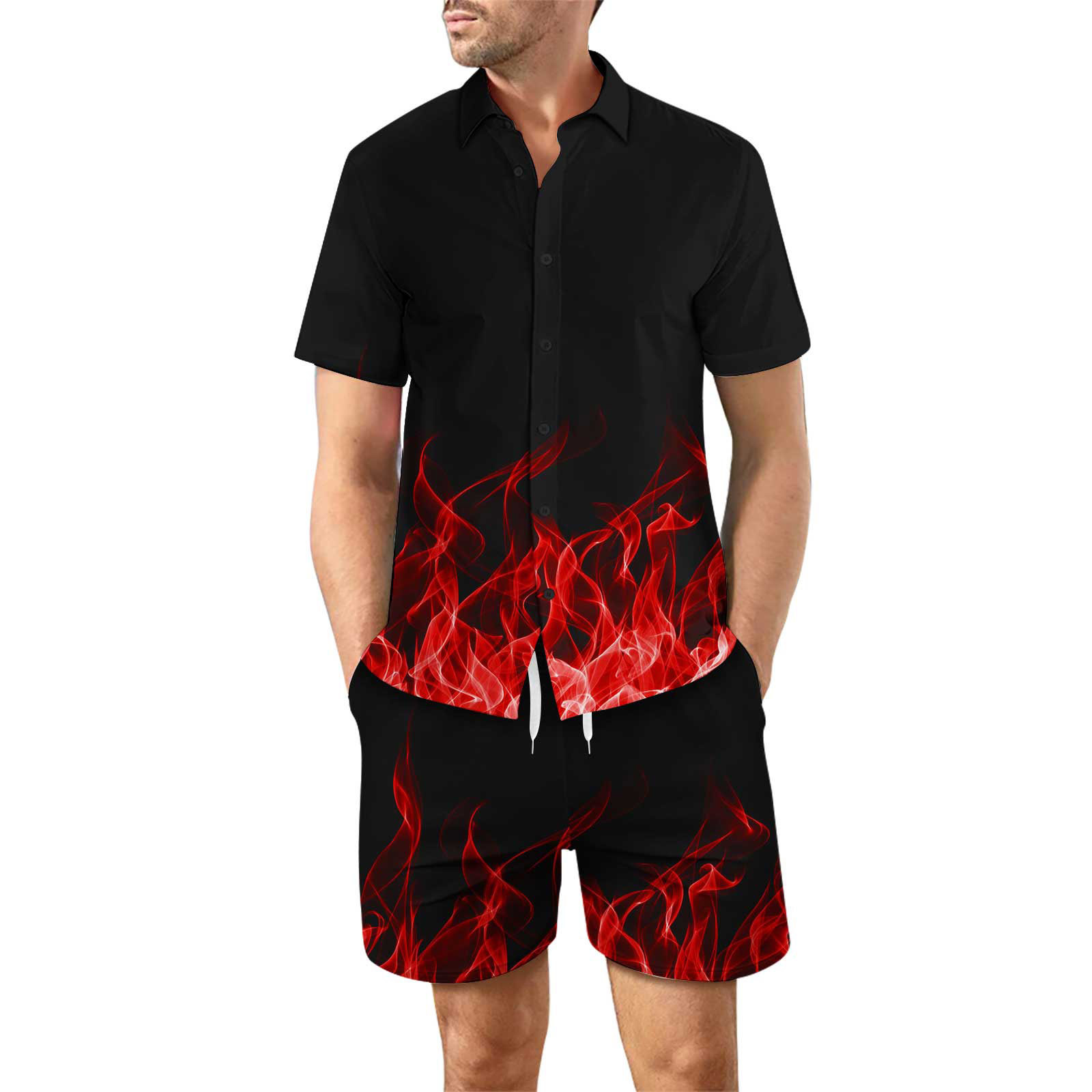 VSSSJ Mens Matching Shirt and Shorts Set Big and Tall Casual 3D Flame