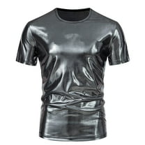 VSSSJ Mens Metallic T-Shirts 70s Disco Outfits for Mens Slim Fit Short Sleeve Shiny Tees Sparkly Nightclub Party Shirts Tops Dark Gray XXL