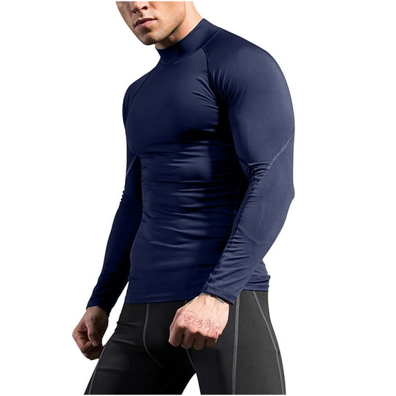 VSSSJ Mens Muscle Shirt Lightweight Workout Fitness Slim Fit Long Sleeve Stand Collar Breathable Running Training Gym Athletic Tops Navy XXL