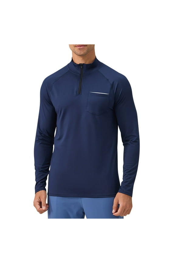 Mens Muscle Sports Shirts Quarter Zipper Front Long Sleeve Mock Neck Regular Fit Casual Lightweight Breathable Athletic Gym Tops Navy XL