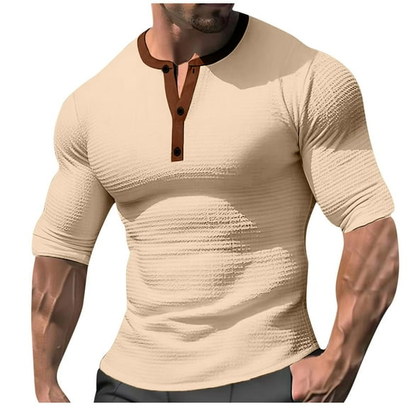 VSSSJ Mens Muscle T-Shirts Button Up Waffle Knit Stretch Henley Shirt Slim Fit Crewneck Short Sleeve Lightweight Workout Athletic Tees Beige XXXL