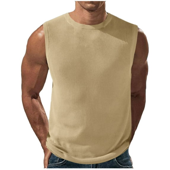 VSSSJ Mens Muscle Tank Tops Sports Workout Sleeveless Round Neck Casual Pullover T-Shirts Big And Tall Ribbed Solid Color Basic Lightweight Gym Vest Khaki L