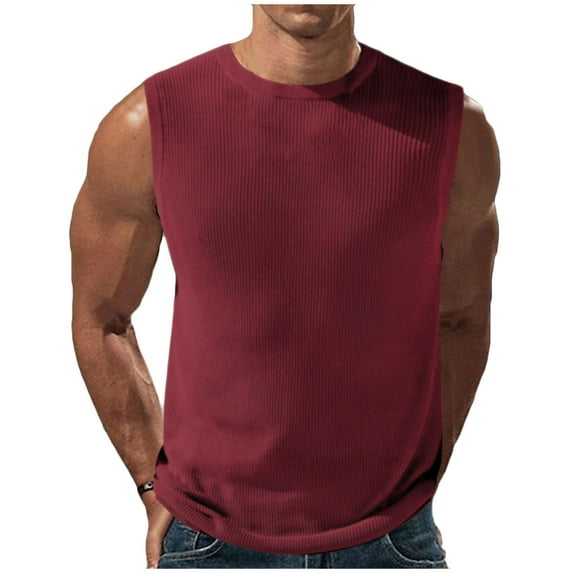 VSSSJ Mens Muscle Tank Tops Sports Workout Sleeveless Round Neck Casual Pullover T-Shirts Big And Tall Ribbed Solid Color Basic Lightweight Gym Vest Wine M