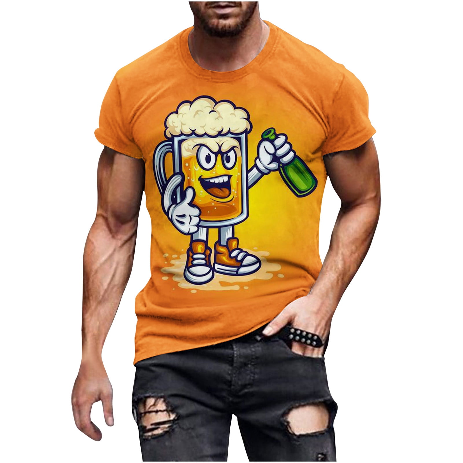 VSSSJ Mens New Fashion Casual Round Neck Pullover Tees Relaxed Fit 3D Beer  Digital Print Short Sleeve Shirts Leisure Athletic Workout T-Shirt Yellow  XXXXXL 