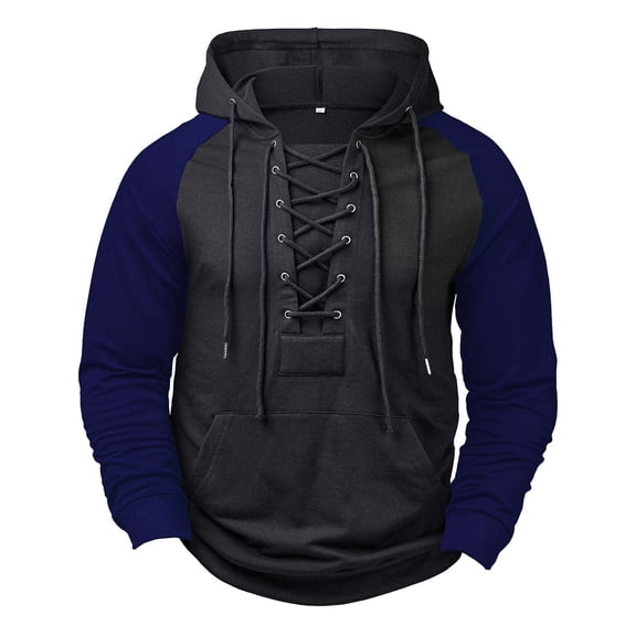VSSSJ Mens Outdoor Sweatshirts Crisscross Lace-Up Long Sleeve Hoodies Drawstring Hooded Pullover Cargo Workout Hoodie with Pocket Dark Blue S