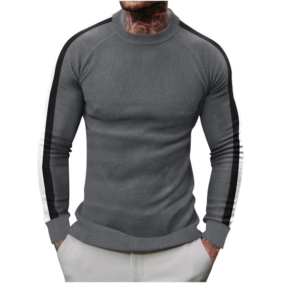 VSSSJ Mens Pullover Sweaters Lightweight Waffle Knit Crewneck Sweater Slim Fit Long Sleeve Casual Color Block Fashion Sweater Dark Gray XXXL