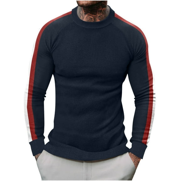 VSSSJ Mens Pullover Sweaters Lightweight Waffle Knit Crewneck Sweater Slim Fit Long Sleeve Casual Color Block Fashion Sweater Navy L