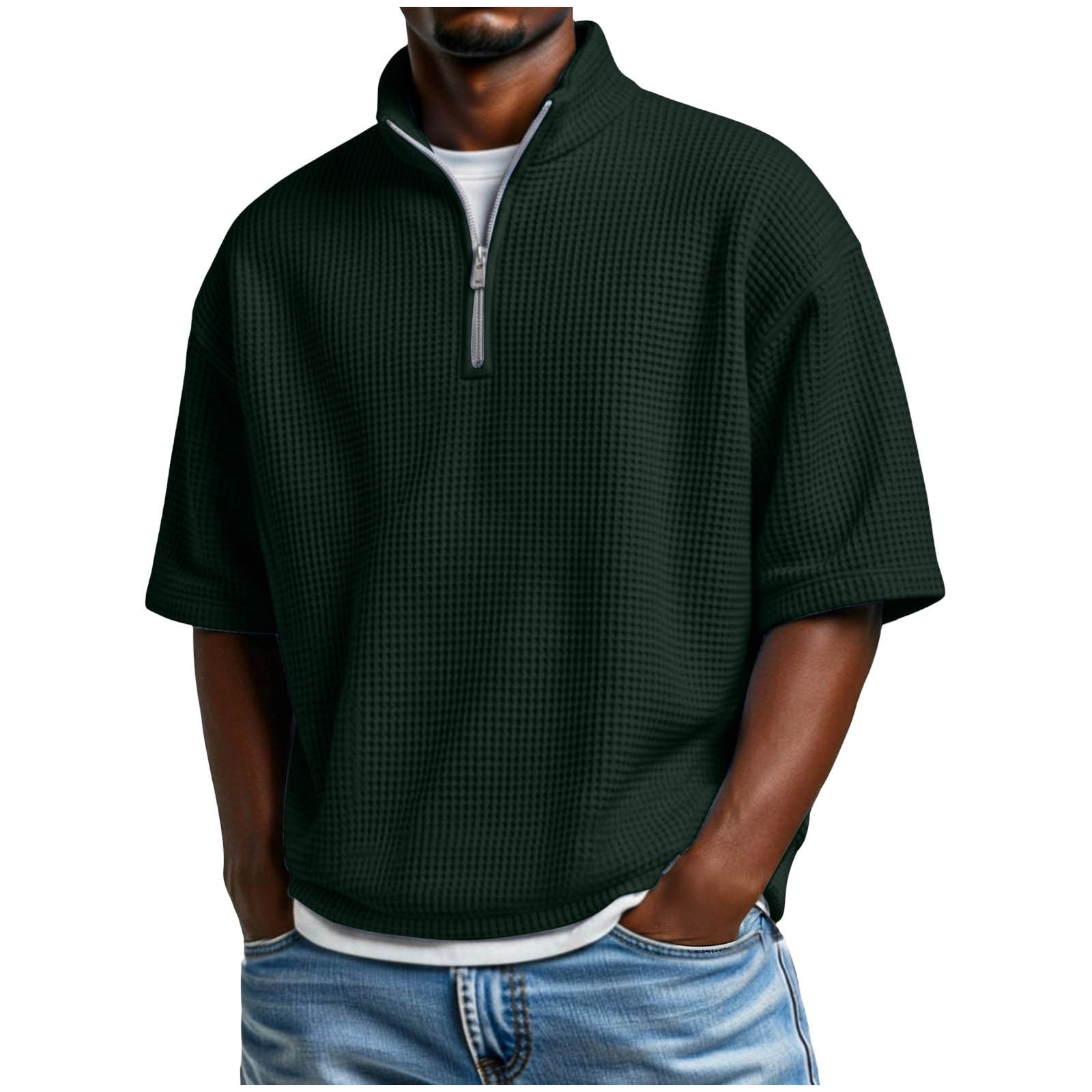 VSSSJ Mens Quarter Zip Pullover Shirt Loose Fit Waffle Short