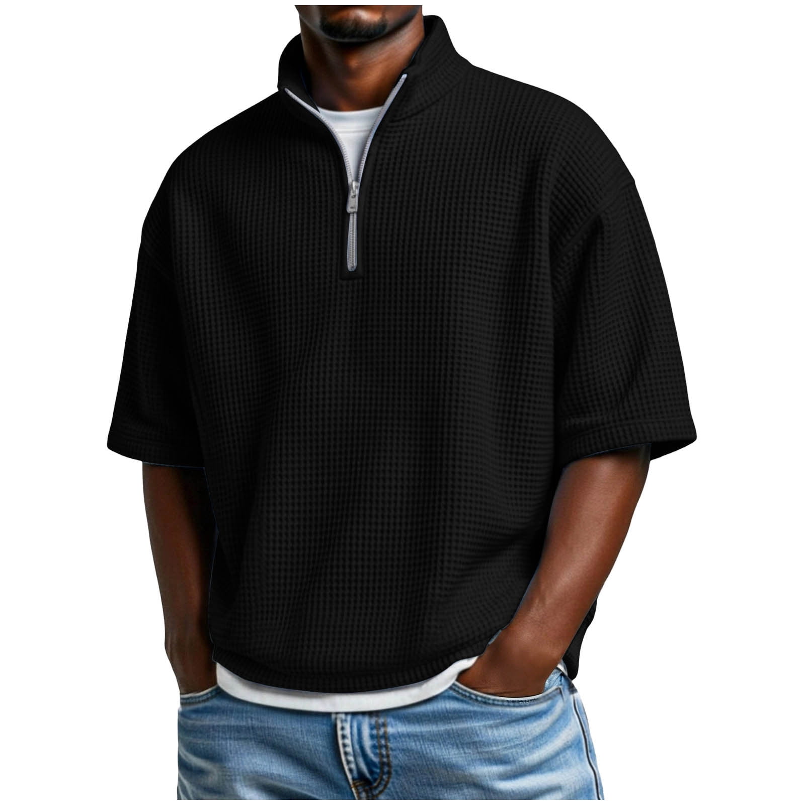 VSSSJ Mens Quarter Zip Pullover Shirt Loose Fit Waffle Short