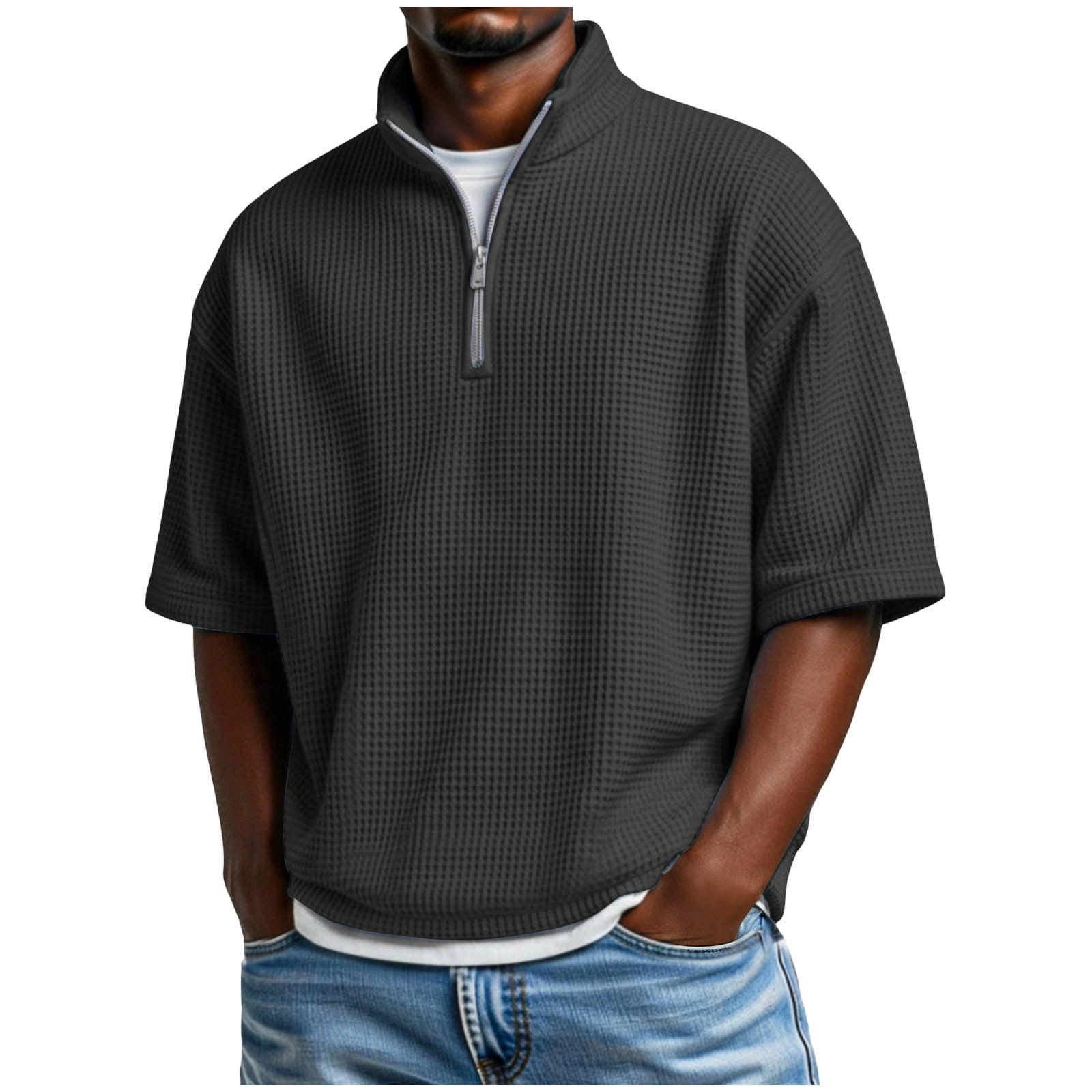 VSSSJ Mens Quarter Zip Pullover Shirt Loose Fit Waffle Short