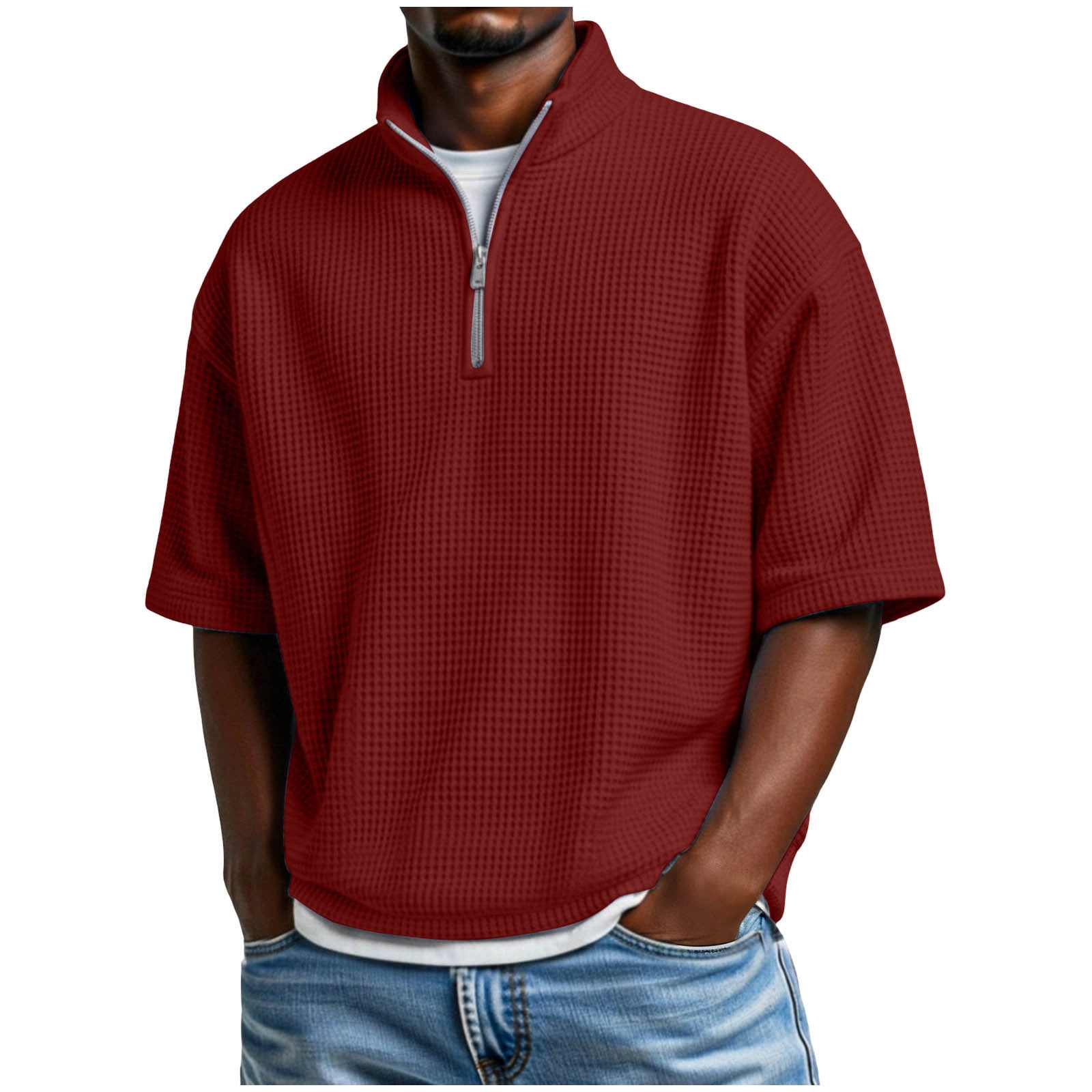 VSSSJ Mens Quarter Zip Pullover Shirt Loose Fit Waffle Short