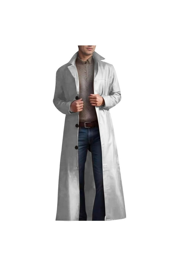 Mens Retro Faux Leather Trench Coat Vintage Single Breasted Long Coats Steampunk Gothic Jacket Overcoat Windbreaker Overcoat White S