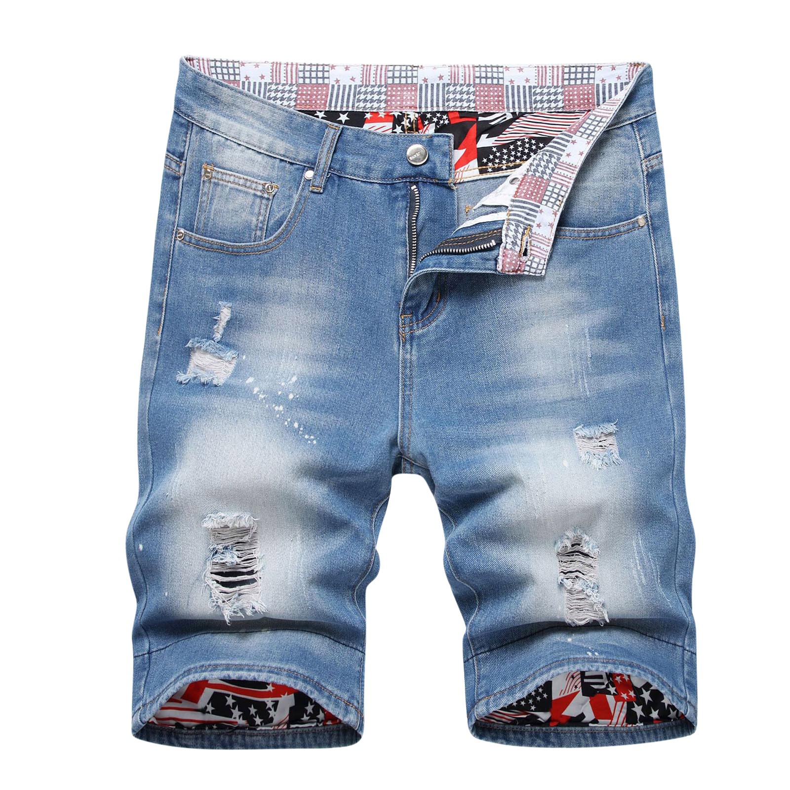 VSSSJ Mens Ripped Denim Shorts Slim Fit Classic Zipper Button Washed