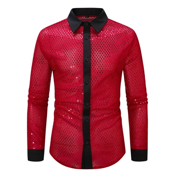 VSSSJ Mens Sequin Mesh Shirt Slim Fit Sparkling Long Sleeve Button Down Collar Shiny Party Night Out Tops Red M