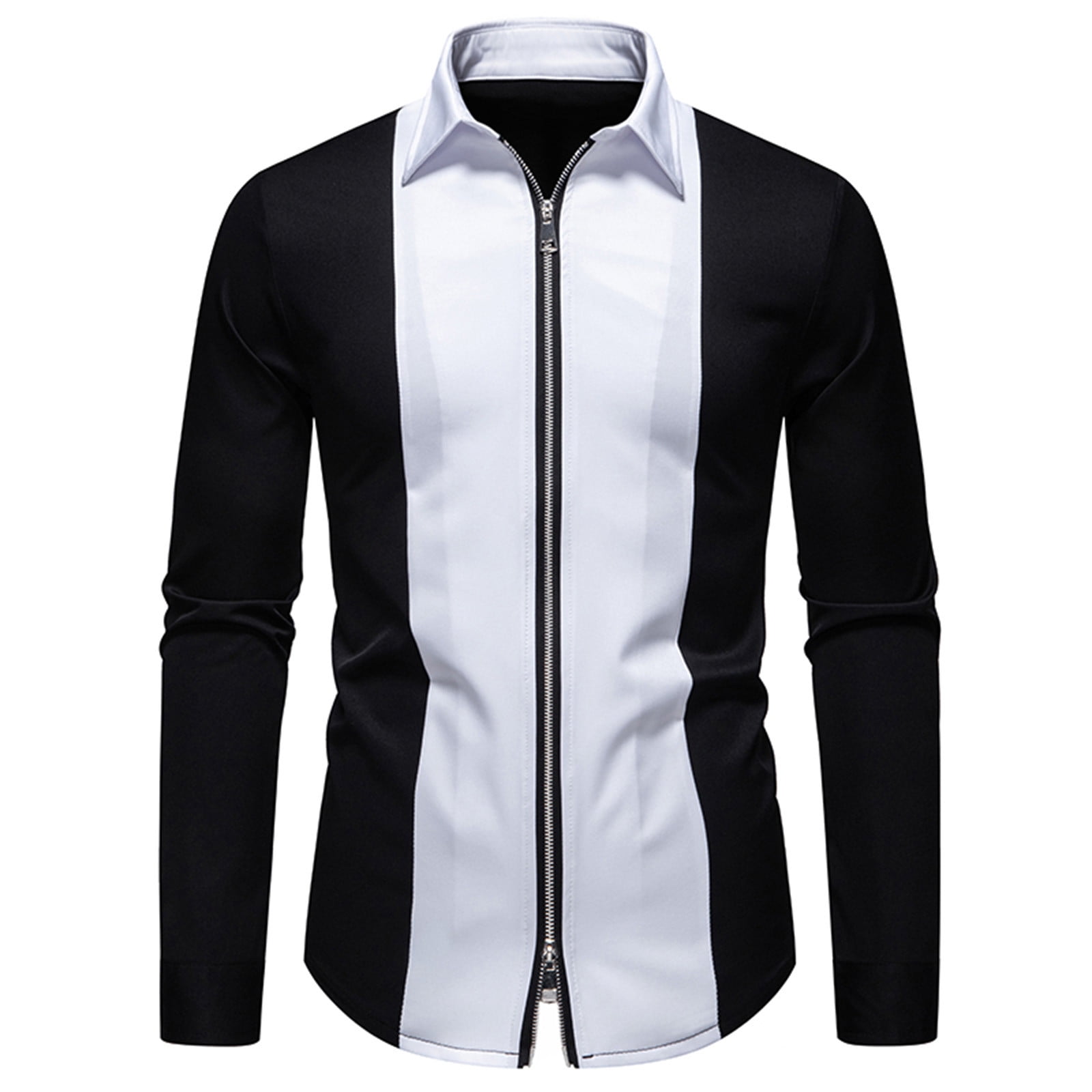 VSSSJ Mens Shirt Color Block Full Zip Up Long Sleeve Lapel Collar Shirt  Casual Office Slim Fit Stretch Formal Business Stylish Dress Shirt Black L