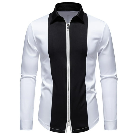 VSSSJ Mens Shirt Color Block Full Zip Up Long Sleeve Lapel Collar Shirt Casual Office Slim Fit Stretch Formal Business Stylish Dress Shirt White L