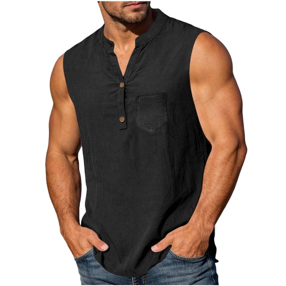 VSSSJ Mens Shirts Summer Sleeveless Button Down Cotton Tank Tops Casual Muscle Relaxed Fit Vintage Lightweight Beach Vacation Tops Black XL